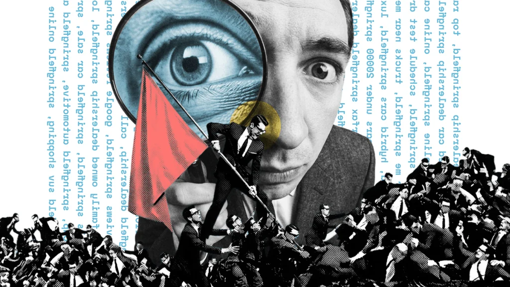A collage of a man with a magnifying glass over a wall of dealership search phrases